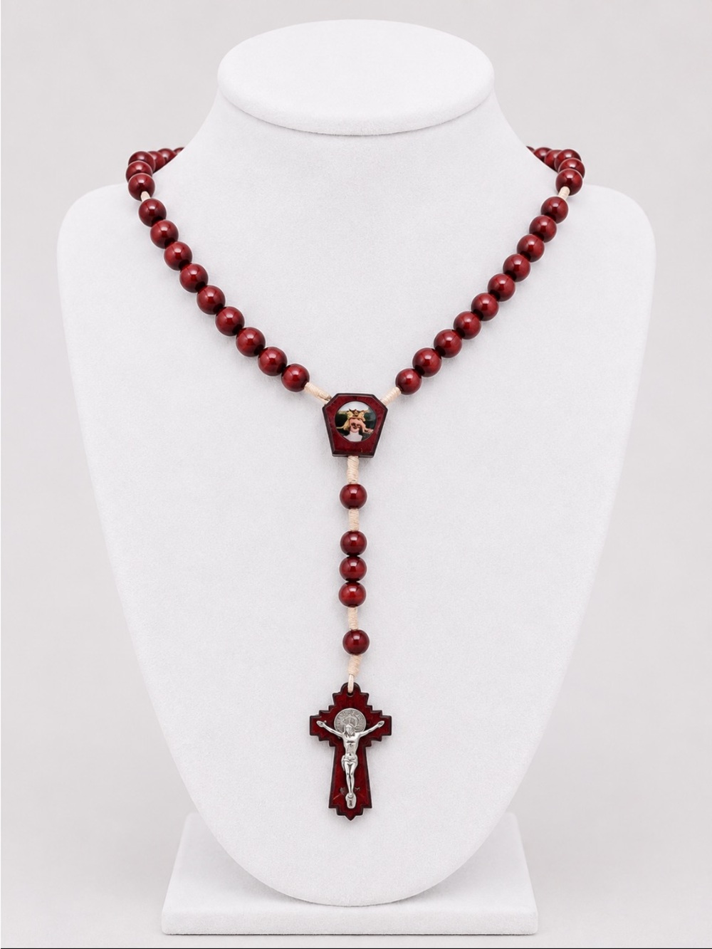 Rosary Necklace with Religious Centerpiece & Crucifix Burgundy Beaded